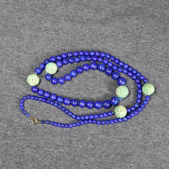 vintage long genuine green jade and lapis beaded necklace with 14K clasp - Picture 1 of 12